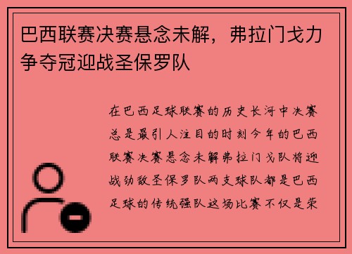 巴西联赛决赛悬念未解，弗拉门戈力争夺冠迎战圣保罗队