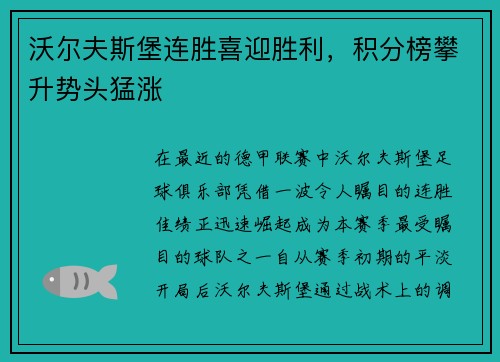 沃尔夫斯堡连胜喜迎胜利，积分榜攀升势头猛涨