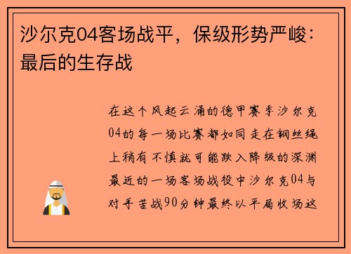 沙尔克04客场战平，保级形势严峻：最后的生存战