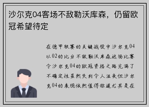 沙尔克04客场不敌勒沃库森，仍留欧冠希望待定
