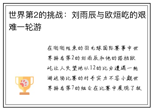 世界第2的挑战：刘雨辰与欧烜屹的艰难一轮游