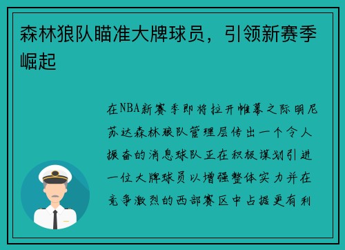森林狼队瞄准大牌球员，引领新赛季崛起