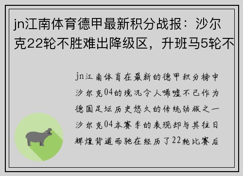 jn江南体育德甲最新积分战报：沙尔克22轮不胜难出降级区，升班马5轮不败震惊全场 - 副本
