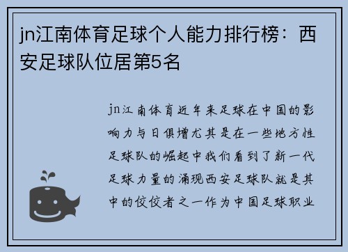 jn江南体育足球个人能力排行榜：西安足球队位居第5名