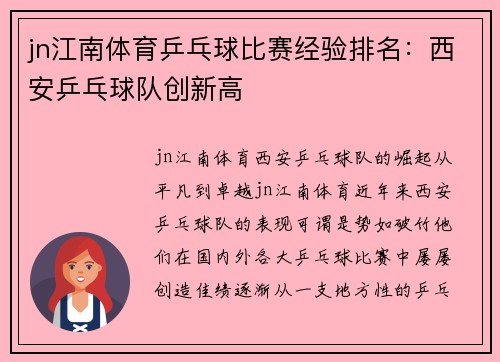jn江南体育乒乓球比赛经验排名：西安乒乓球队创新高